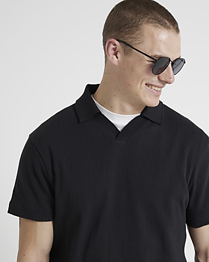 Black regular fit textured open neck polo