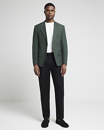 Green slim fit linen blend suit jacket