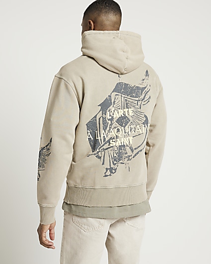 Khaki regular fit gothic graphic hoodie