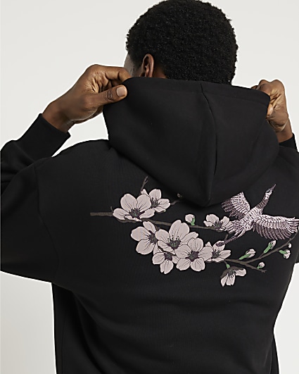 Black oversized fit floral embroidered hoodie