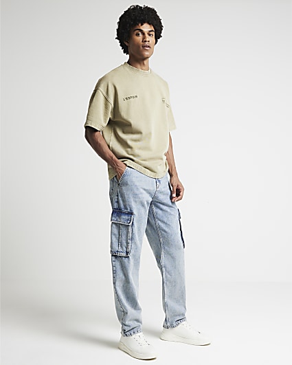 Blue straight cargo washed jeans