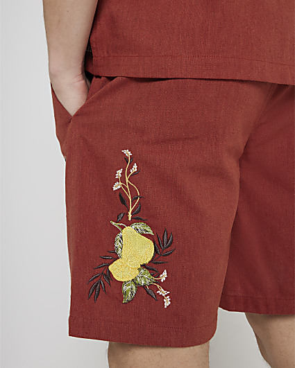 Rust regular fit embroidered lemon shorts