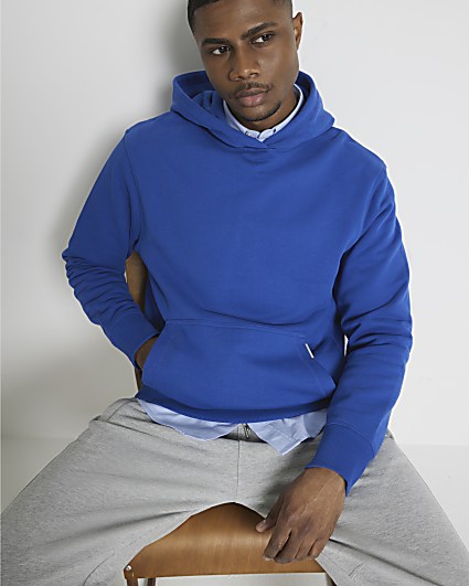 Blue regular fit loopback hoodie