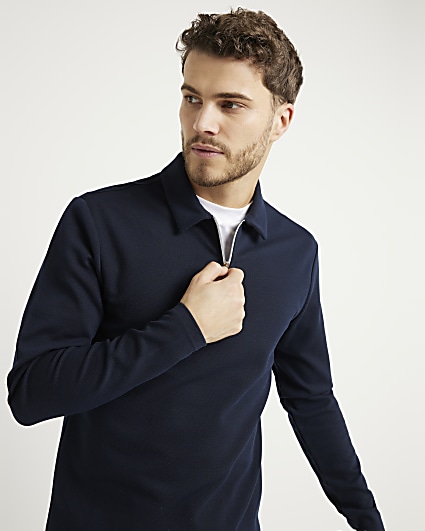 Navy slim fit textured half zip polo