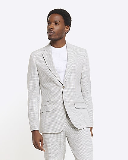 Grey Slim Fit Gingham Suit Jacket