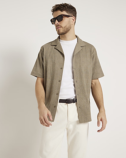 Khaki regular fit plisse revere shirt