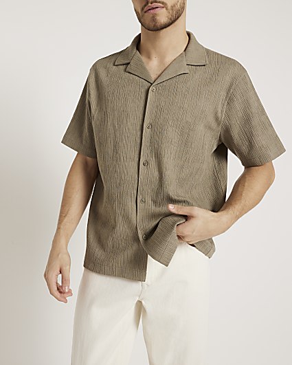 Khaki regular fit plisse revere shirt