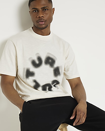 Beige regular fit blurred graphic t-shirt