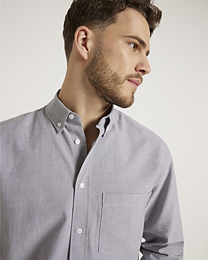 Grey regular fit long sleeve oxford shirt