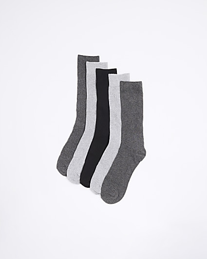 5PK grey ribbed ankle socks