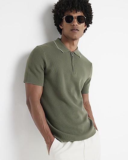 Khaki slim fit textured polo t-shirt