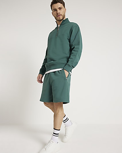 Green regular fit loopback shorts