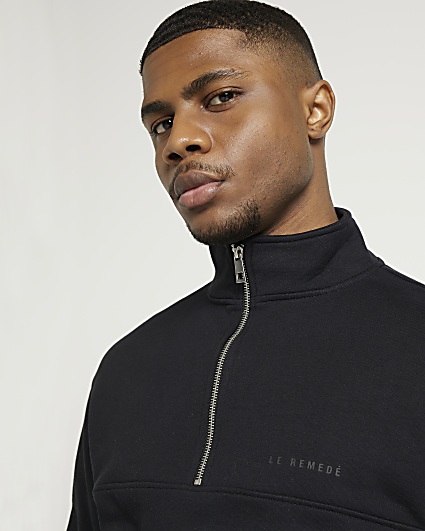 Black regular fit half zip funnel sweatshirt