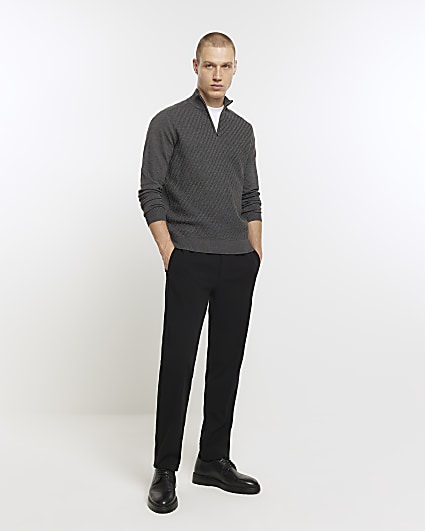 Grey slim fit cable knit half zip jumper