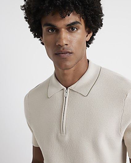 Stone slim fit textured polo t-shirt