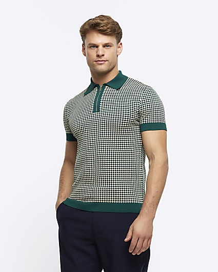 Green muscle fit knit geometric polo