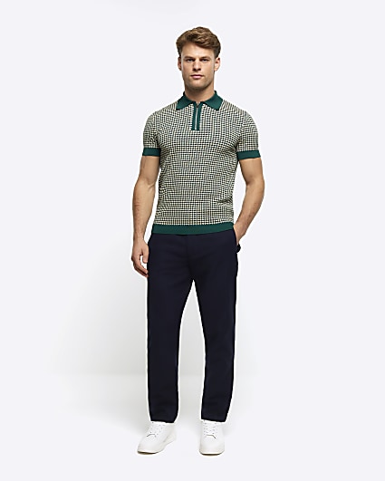 Green muscle fit knit geometric polo