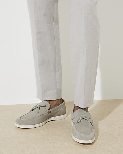 Grey suede slip on loafers