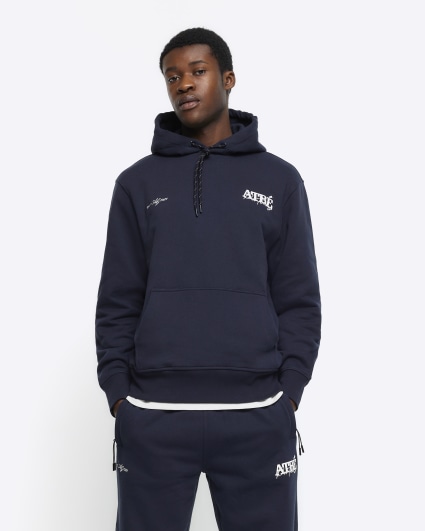 Navy regular fit embossed graphic hoodie