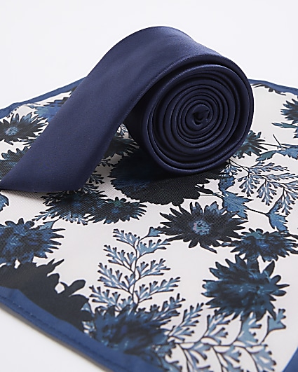 Navy satin floral tie and handkerchief set