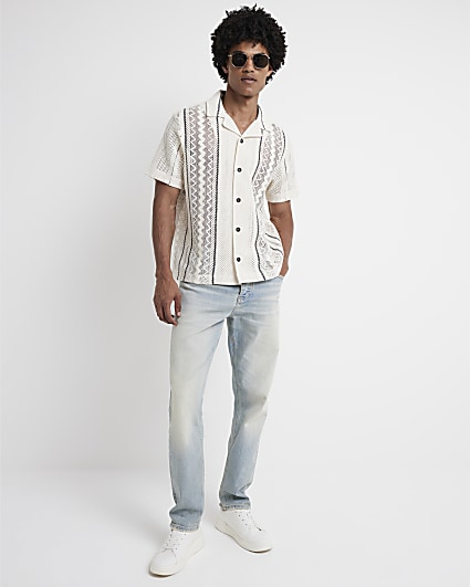 White regular fit crochet stripe revere shirt