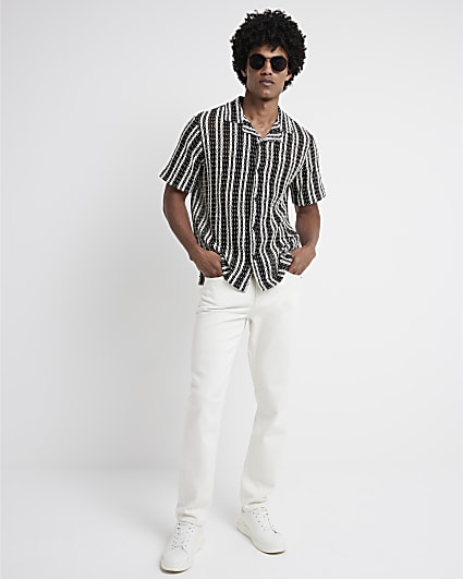 Black regular fit crochet stripe revere shirt