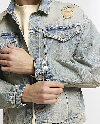 Blue oversized fit ripped denim jacket