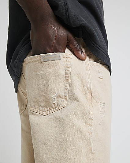 Stone slim fit ripped denim shorts