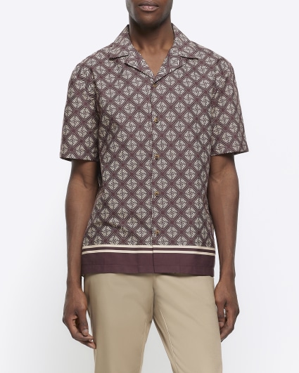 Brown regular fit geometric revere shirt