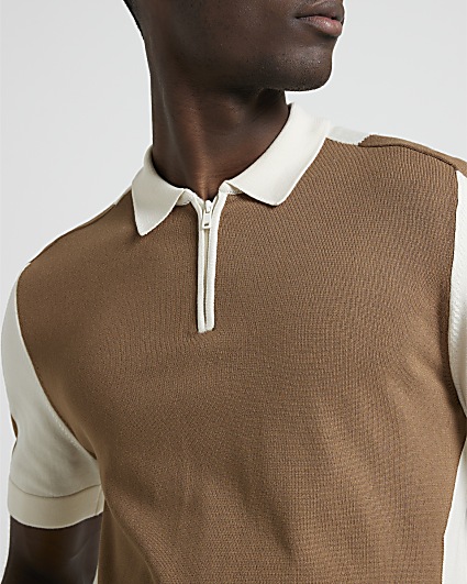 Brown slim fit colour block knitted polo