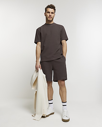 Brown regular fit waffle textured t-shirt