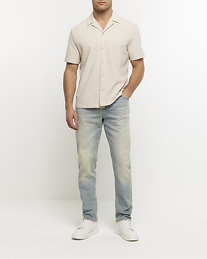 Stone regular fit seersucker revere shirt