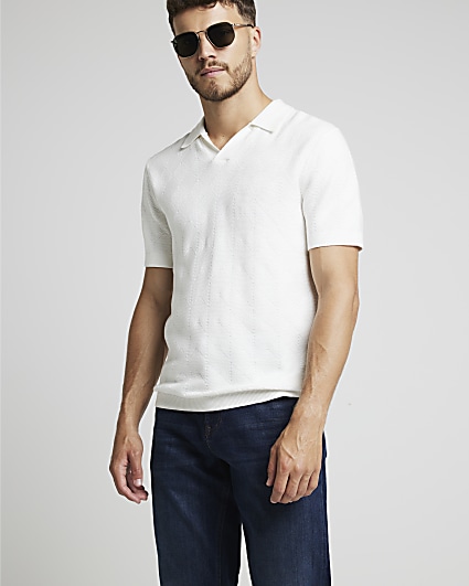 White slim fit diamond stitch knit polo shirt