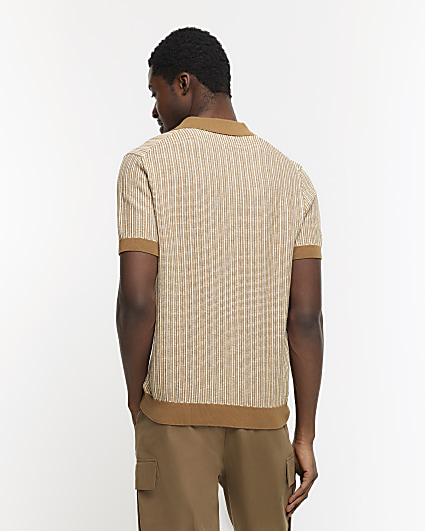 Brown slim fit knitted stripe polo