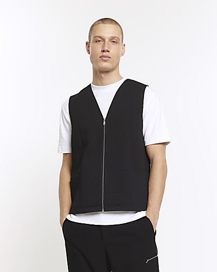 Black regular fit waffle textured gilet