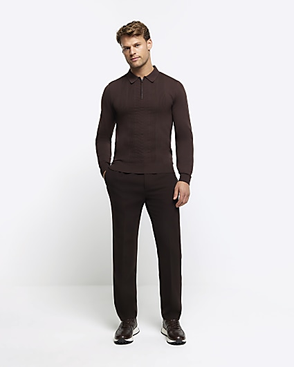 Brown muscle textured knit long sleeve polo