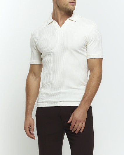 Beige muscle fit rib open collar polo
