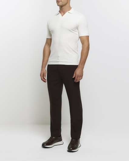 Slim Fit Ribbed Polo Shirt - WHITE / M