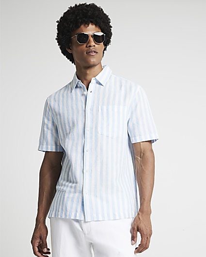 Blue regular fit linen blend stripe shirt