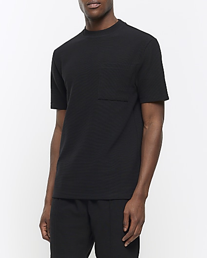 Black regular fit textured pocket t-shirt