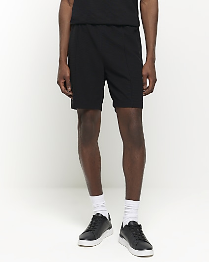 Black slim fit textured pull on shorts
