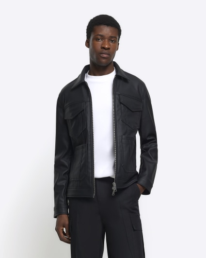 Black regular fit faux leather western jacket