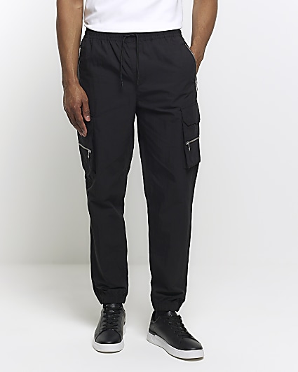 Black regular fit zip cargo trousers