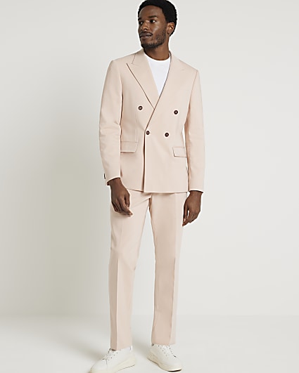 Pink slim fit double breasted suit jacket