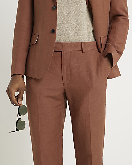 Rust slim fit linen blend suit trousers