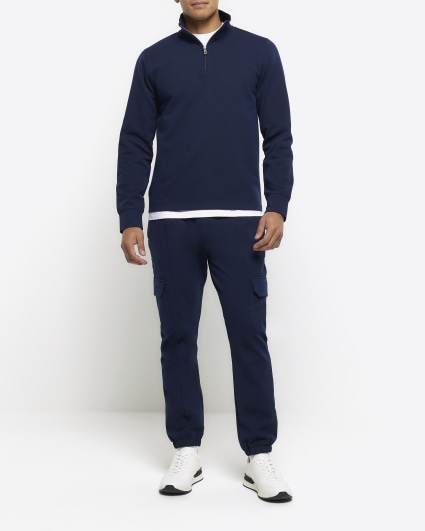 Navy slim fit textured funnel sweatshirt