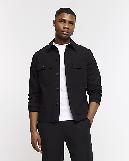 Black regular fit linen blend smart overshirt