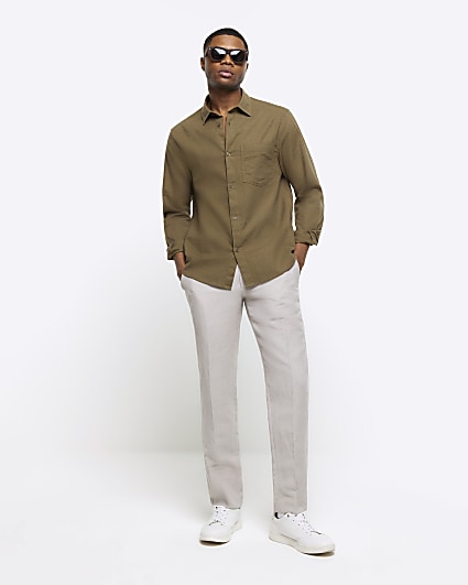 Khaki regular fit linen blend shirt