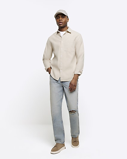 Beige regular fit linen blend shirt