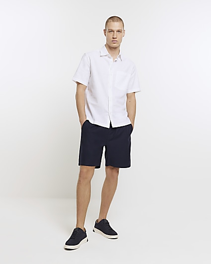 White slim fit linen blend short sleeve shirt
